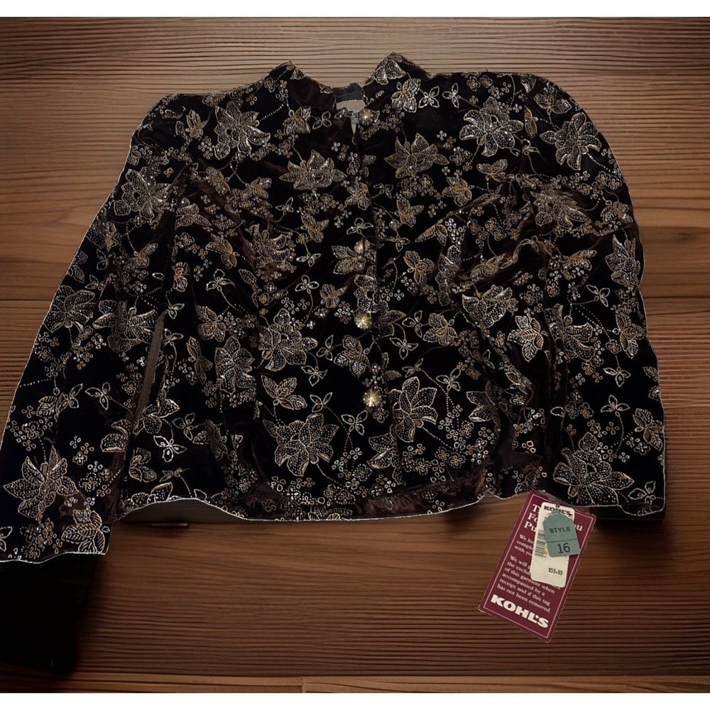 VTG Another Thyme Velvet Embroidered Jacket Size 16 Floral Metallic Whimsigoth